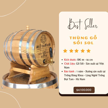 Hiển thị chi tiết cho Thùng gỗ sồi 50 lít Thùng gỗ sồi 50 lít
