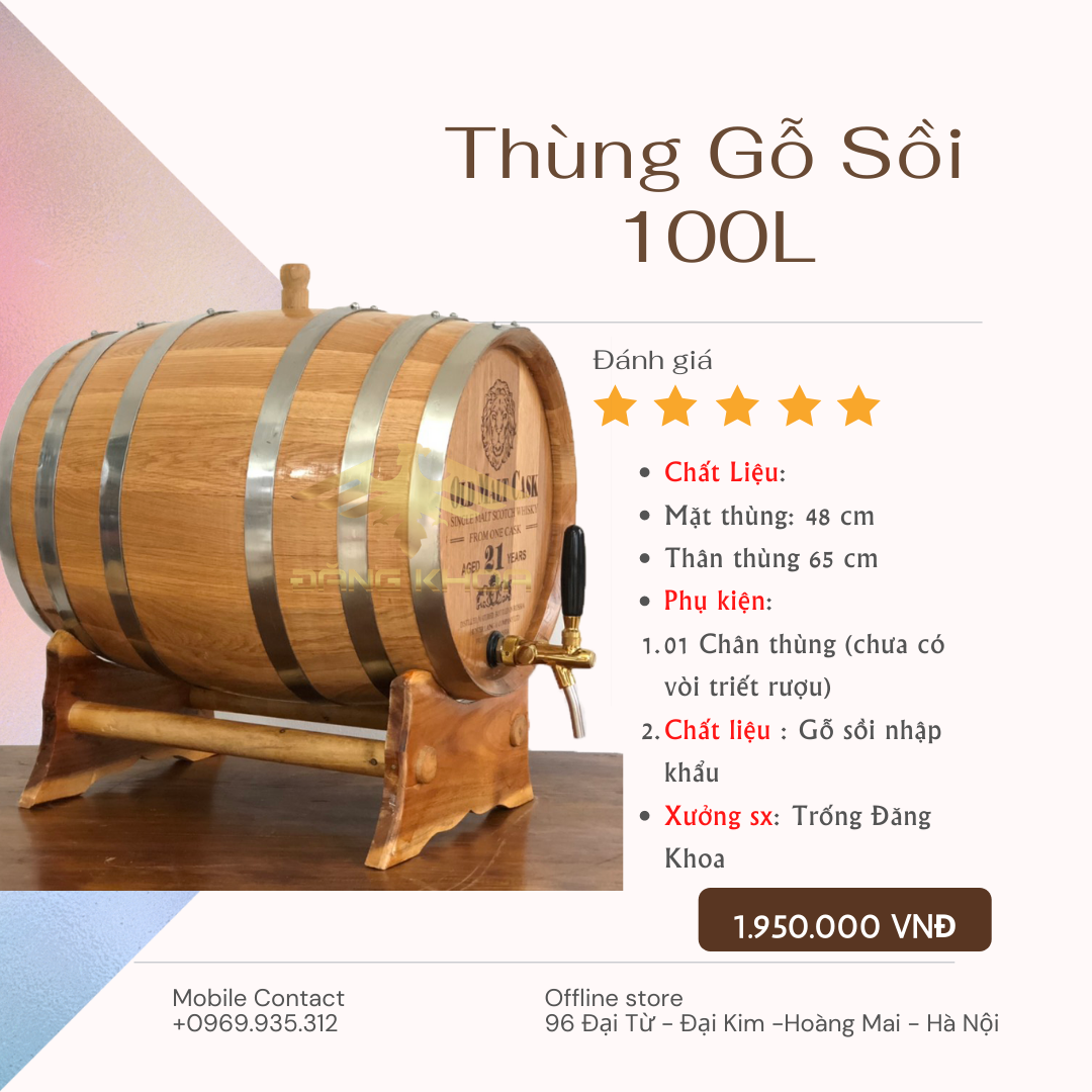 Thùng rượu gỗ sồi đạt chuẩn 100l có giá bao nhiêu?